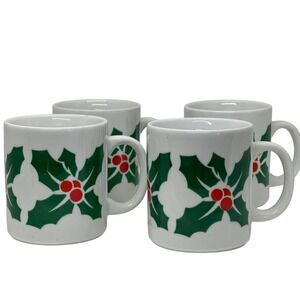 VTG 90s Holly Berry Christmas Mugs Set of 4, Green & Red Ceramic Coffee/Tea Cups
